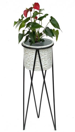 DanDiBo Blumenhocker mit Topf Metall Schwarz Weiß L 75 cm Blumenständer 96043 Blumensäule Modern Pflanzenständer Pflanzenhocker