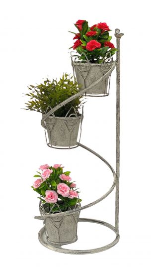 DanDiBo Blumentreppe Innen Metall Weiß Grau Rund 75 cm Blumenständer mit 3 Töpfe 96131 Blumenständer Blumensäule Pflanzenständer Balkon Vintage