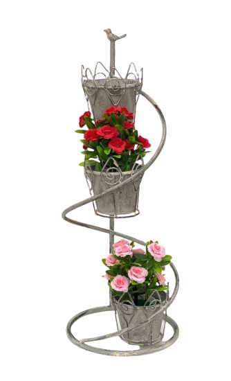 DanDiBo Blumentreppe Innen Metall Weiß Grau Rund 75 cm Blumenständer mit 3 Töpfe 96131 Blumenständer Blumensäule Pflanzenständer Balkon Vintage