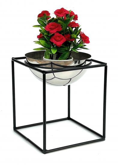 DanDiBo Blumenhocker Metall mit Topf Schwarz Silber 28 cm Blumenständer 96256 M Blumensäule Modern Pflanzenständer Pflanzenhocker