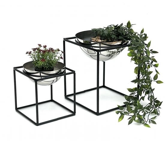 DanDiBo Blumenhocker Metall mit Topf Schwarz Silber Blumenständer 96256 2er Set Blumensäule Modern Pflanzenständer Pflanzenhocker