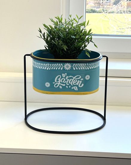 DanDiBo Blumenhocker mit Topf Metall Stehend Blau Oval 27 cm Blumenständer 96526 M Blumensäule Modern Pflanzenständer Pflanzgefäß