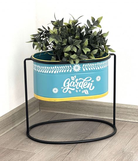 DanDiBo Blumenhocker mit Topf Metall Stehend Blau Oval 27 cm Blumenständer 96526 M Blumensäule Modern Pflanzenständer Pflanzgefäß