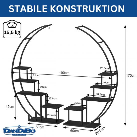 DanDiBo Blumenregal indoor 170 cm Hoch Metall Schwarz Rund 96586 Blumentreppe Groß Halbrund Pflanzenständer Modern Design