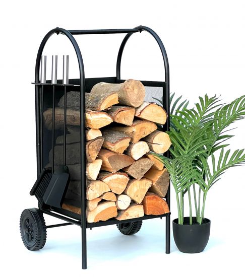 DanDiBo Firewood rack indoor metal black Fireplace wood rack 80 cm with fireplace set and wheels 96358 Fireplace wood trolley Wood basket Fireplace wood holder Wood rack