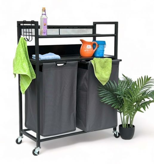 DanDiBo Laundry basket 2 compartments with shelves Black metal 96501 Laundry collector Laundry trolley with wheels Laundry box Laundry basket Laundry bag Modern