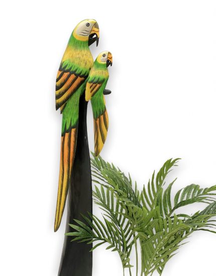 DanDiBo Deko Figur Papagei 2er Nr.41 Vogel aus Holz Skulptur Orange Grün 100 cm Holzvogel Handgeschnitzt Stehend Tierfigur Schnitzskulptur