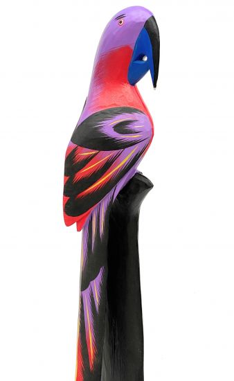 DanDiBo Deko Figur Papagei Nr.38 Vogel aus Holz Skulptur Violett Rot 100 cm Holzvogel Handgeschnitzt Stehend Tierfigur Schnitzskulptur