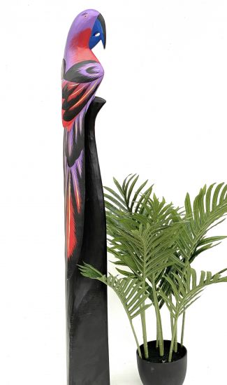 DanDiBo Deko Figur Papagei Nr.38 Vogel aus Holz Skulptur Violett Rot 100 cm Holzvogel Handgeschnitzt Stehend Tierfigur Schnitzskulptur