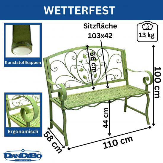 DanDiBo Garden Bench Weatherproof 2 Seater Metal Green 110 cm 96593 Bench Iron Bench Garden Antique Park Bench