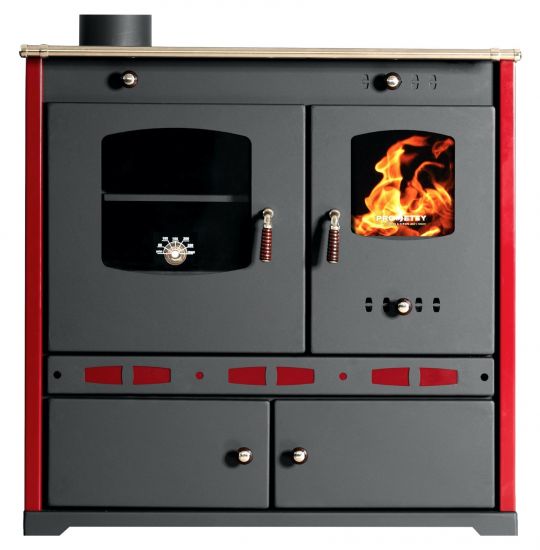 Kaminofen mit Backfach und Herdplatte Perfect Eco Lux Rot Links Holzofen 7 kW Kamin Ofen Holz Werkstattofen Hüttenofen Heizofen Gartenofen