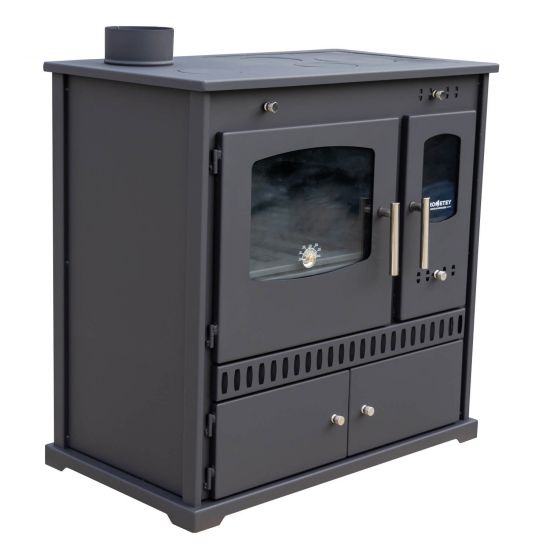 Kaminofen mit Backfach und Herdplatte Perfect Eco Schwarz Links Holzofen 7 kW Kamin Ofen Holz Werkstattofen Hüttenofen Heizofen Gartenofen