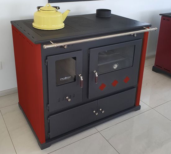 Kaminofen mit Backfach und Herdplatte Pracktik Lux Rot Holzofen 9,5 kW Kamin Ofen Dauerbrandofen Werkstattofen Schwedenofen Hüttenofen Heizofen