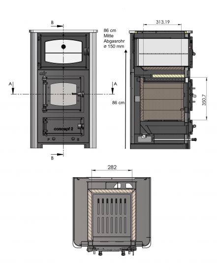 Kaminofen mit Backfach und Herdplatte mit Glaskeramik ABC Concept 2 Air Mini Holzofen 10 kW Kamin Ofen Holz Werkstattofen Schwedenofen Hüttenofen Heizofen Holzofen