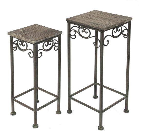 DanDiBo Flower Stool Metal Square Set of 2 56, 64 cm Flower Stand 11134 Side Table Plant Stand Wooden Shelf Flower Column