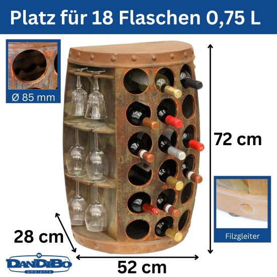 DanDiBo Weinregal Holz Stehend Rustikal Weinfass Flaschenregal 1486 Beistelltisch Schrank Fass Weinbar