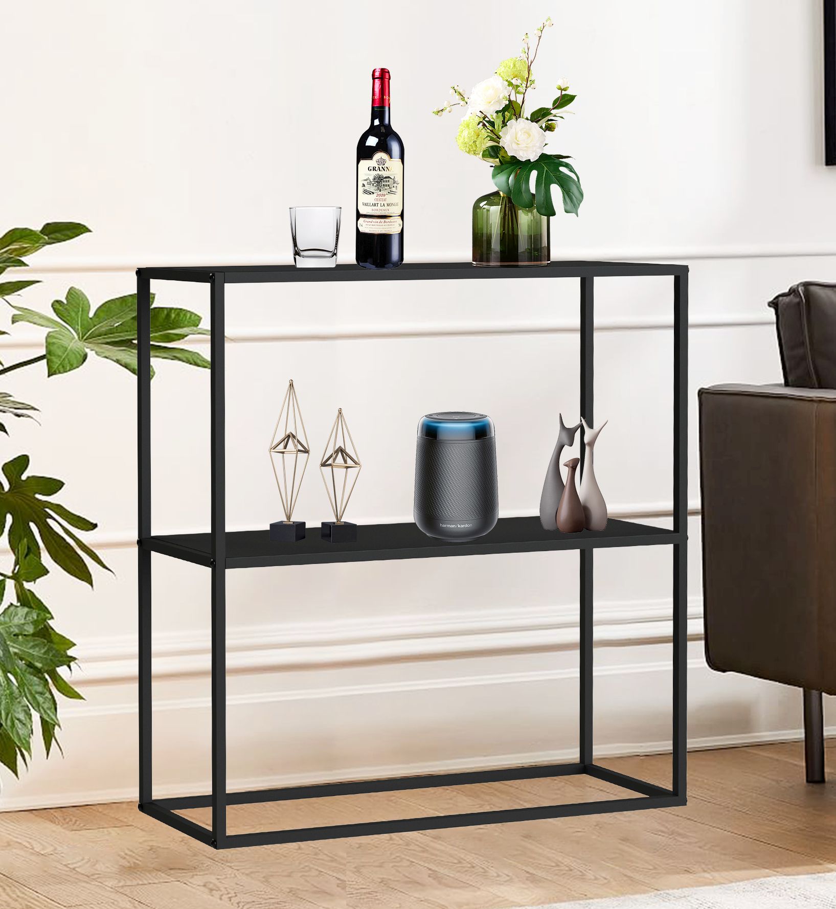 DanDiBo Console table Metal Black Narrow with 2 levels Modern 80x80x25 ...