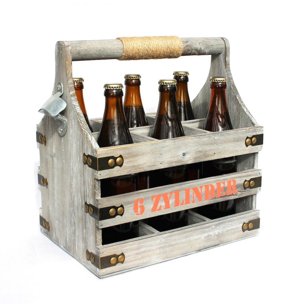 Bierträger mit Flaschenöffner Flaschenträger 6 Zylinder 93540 Bierkiste aus Holz 32cm