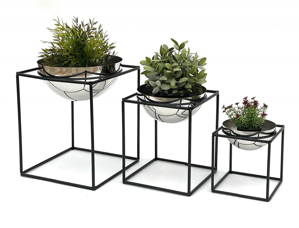 DanDiBo Blumenhocker Metall mit Topf Schwarz Silber Blumenständer 96256 3er Set Blumensäule Modern Pflanzenständer Pflanzenhocker