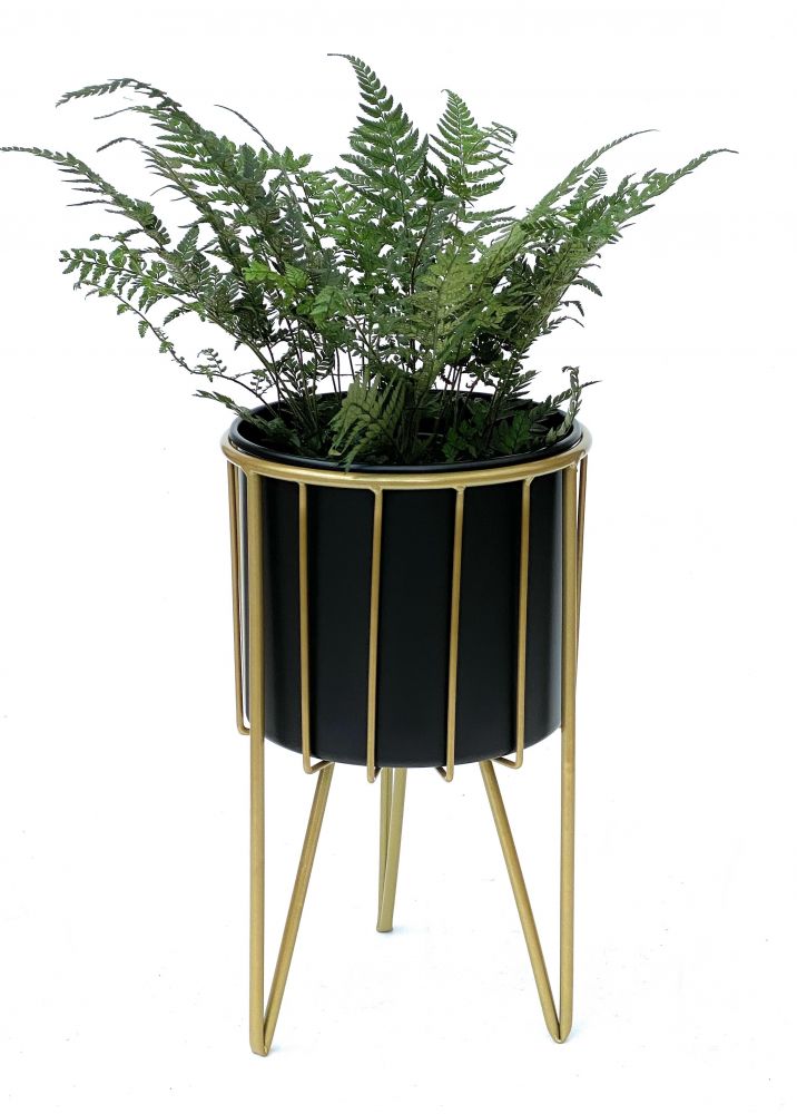 DanDiBo Blumenhocker mit Topf Metall Gold Schwarz Rund M 40 cm Blumenständer 96039 Blumensäule Modern Pflanzenständer Pflanzenhocker