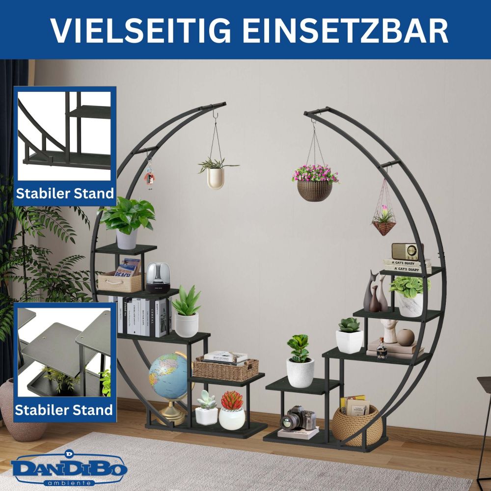 DanDiBo Blumenregal indoor 170 cm Hoch Metall Schwarz Rund 96586 Blumentreppe Groß Halbrund Pflanzenständer Modern Design