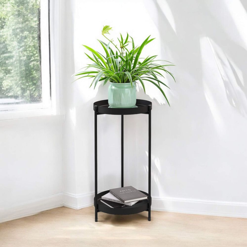 DanDiBo Blumenständer Metall Schwarz Rund 2 Etagen 52 cm 96583 Beistelltisch Blumenhocker Pflanzenständer Design Modern Pflanzenhocker