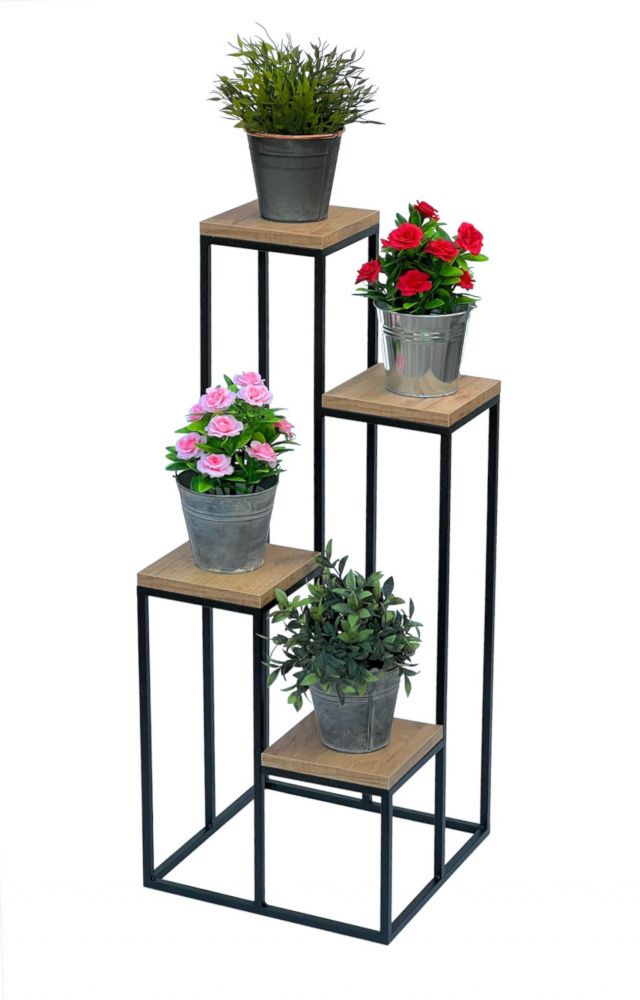 DanDiBo Blumentreppe Metall Schwarz Holz 90 cm Pflanzentreppe Blumenständer 96349 Blumensäule Modern Pflanzenständer Blumenhocker