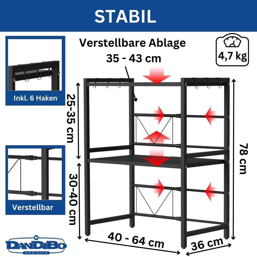 DanDiBo Verstellbares Mikrowellenregal 3 Stufig 40-64 cm Mikrowellen Regal 96614 Stehend Mikrowellenständer Küchenregal