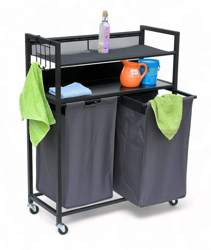 DanDiBo Laundry basket 2 compartments with shelves Black metal 96501 Laundry collector Laundry trolley with wheels Laundry box Laundry basket Laundry bag Modern