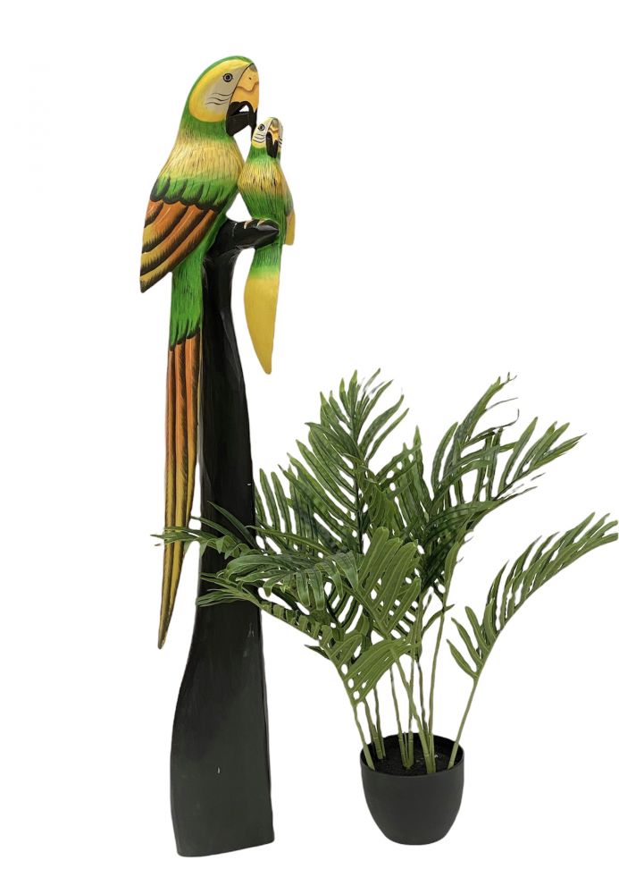 DanDiBo Deko Figur Papagei 2er Nr.47 Vogel aus Holz Skulptur grün Gelb 100 cm Holzvogel Handgeschnitzt Stehend Tierfigur Schnitzskulptur