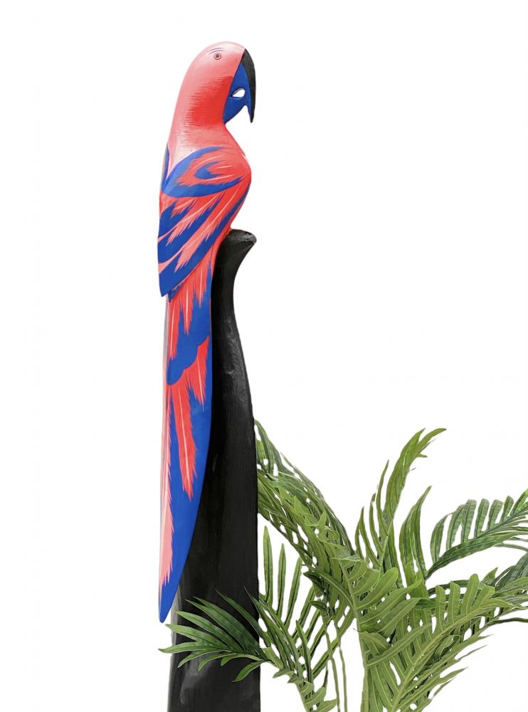 DanDiBo Deko Figur Papagei Nr.37 Vogel aus Holz Skulptur Rosa Blau 103 cm Holzvogel Handgeschnitzt Stehend Tierfigur Schnitzskulptur