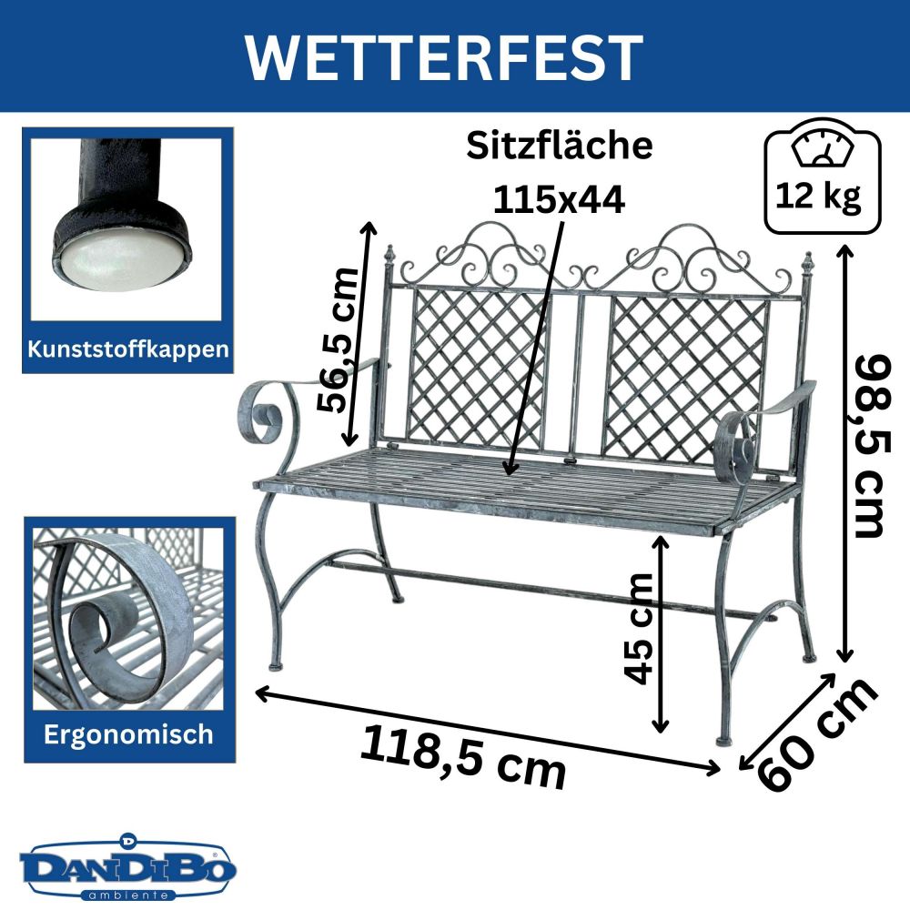 DanDiBo Gartenbank Wetterfest 2 Sitzer Metall Grau 120 cm 96592 Sitzbank Eisen Bank Garten Antik Parkbank