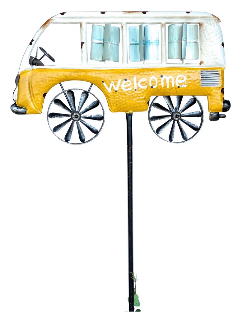 DanDiBo Gartenstecker Metall Bus Auto XL 160 cm Gelb Weiß 96104 Windspiel Willkommen Windrad Wetterfest Gartendeko Gartenstab Bodenstecker Mini Van