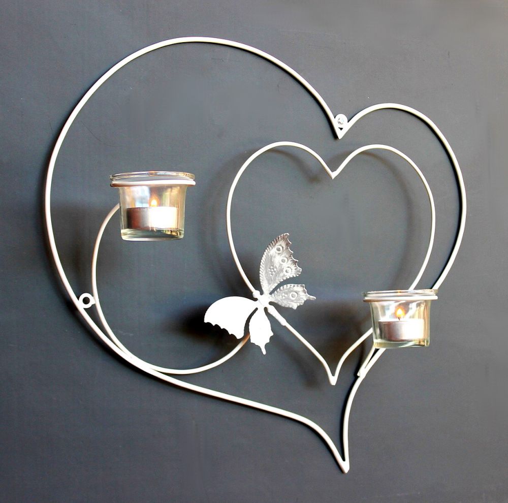 Wall tea light holder heart 39 cm white tea light holder metal sconce candle