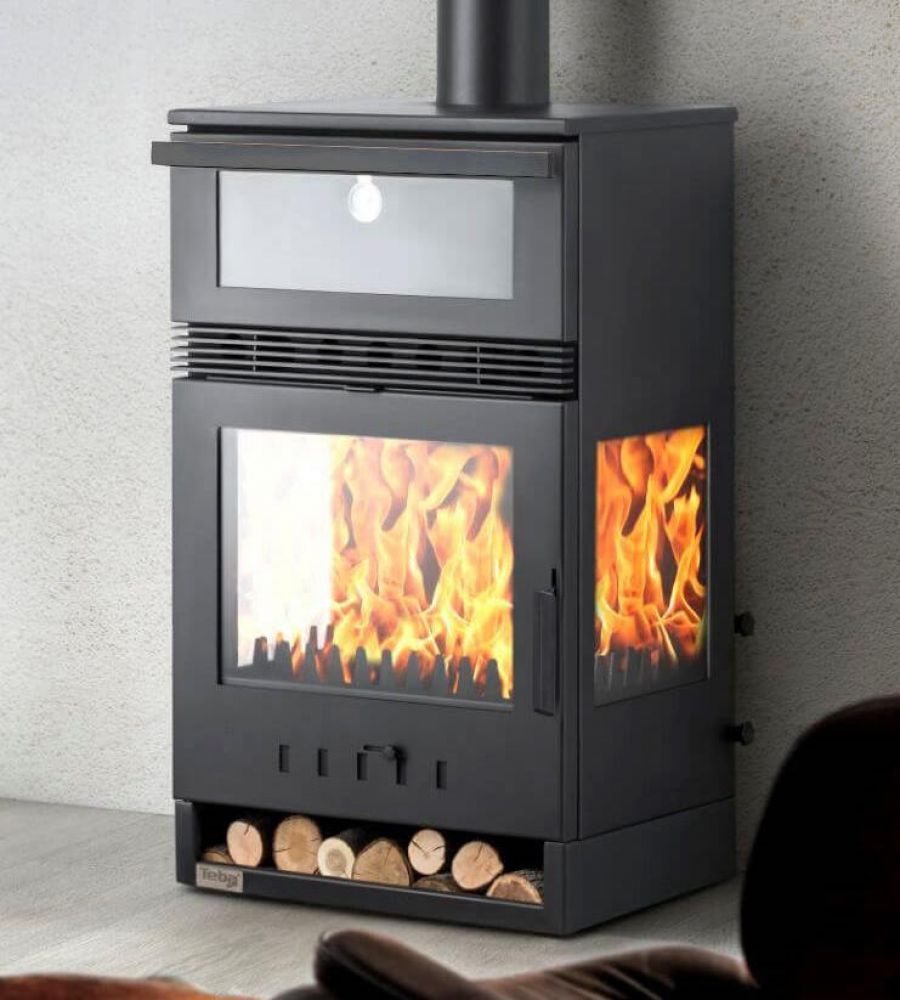 EEK A+ Wood-burning stove with baking compartment Panoramic fireplace Three-sided glass 3 panes Teba TKS 15 Glazed 3 sides Wood-burning stove 12.8 kW Fireplace Stove Wood-burning cooker Kitchen stove