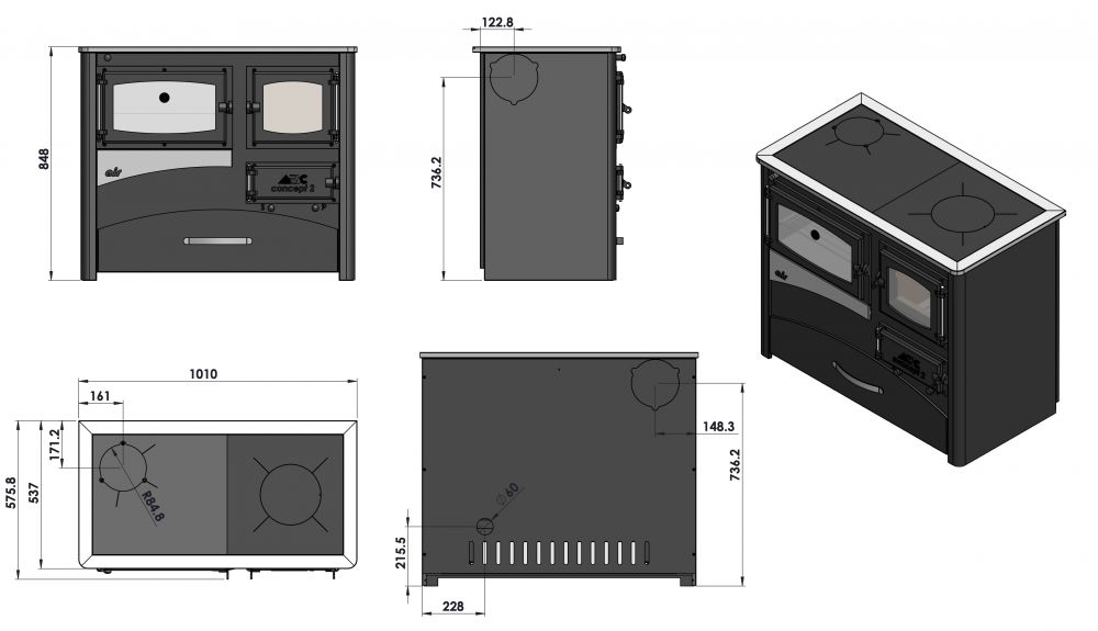 Kaminofen mit Backfach und Herdplatte ABC Concept 2 Air Rechts Holzofen 11,6 kW Kamin Ofen Holz Werkstattofen Schwedenofen Hüttenofen Heizofen Holzofen