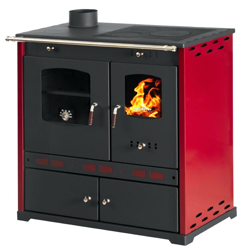 Kaminofen mit Backfach und Herdplatte Perfect Eco Lux Rot Links Holzofen 7 kW Kamin Ofen Holz Werkstattofen Hüttenofen Heizofen Gartenofen