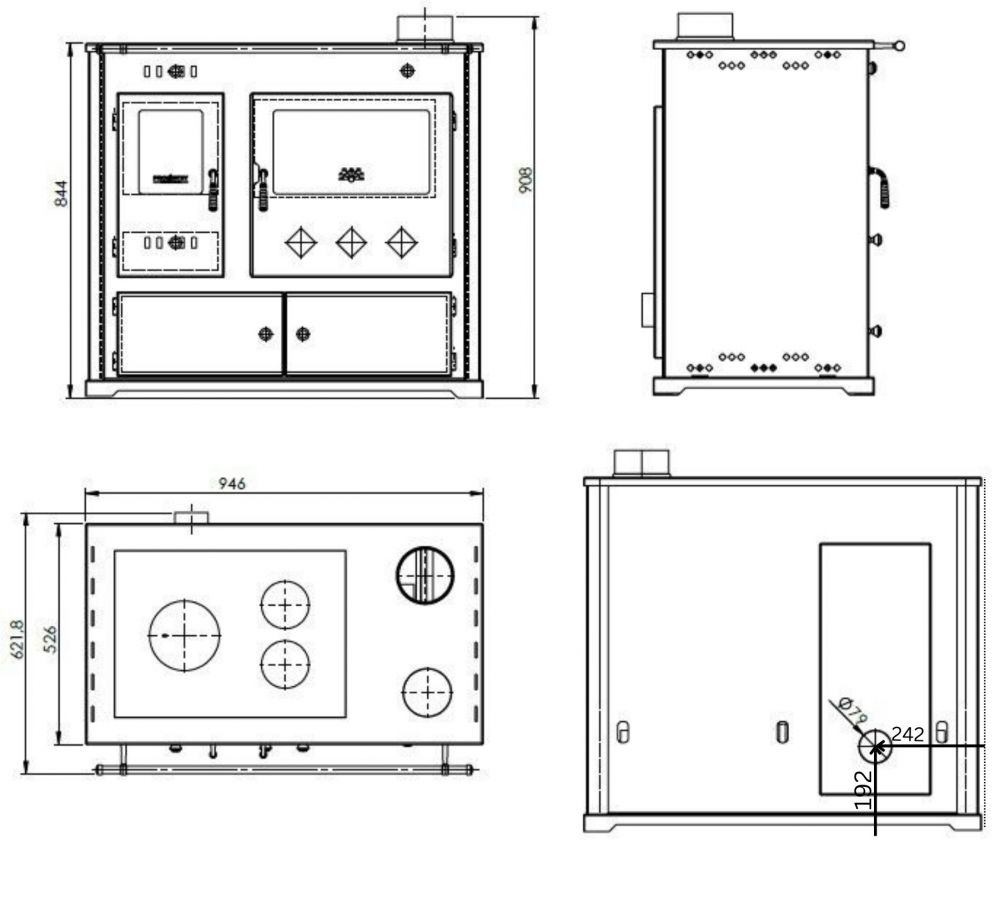 Kaminofen mit Backfach und Herdplatte Pracktik Lux Anthrazit RAL 7016 RECHTS Holzofen 9,5 kW Kamin Ofen Dauerbrandofen Werkstattofen Schwedenofen Hüttenofen Heizofen