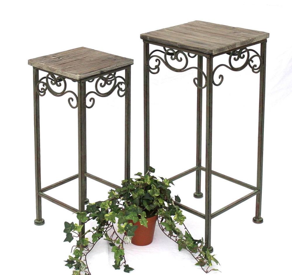 DanDiBo Flower Stool Metal Square Set of 2 56, 64 cm Flower Stand 11134 Side Table Plant Stand Wooden Shelf Flower Column