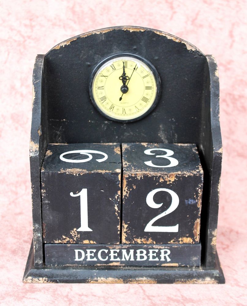 Calender clock  14B142 Shabby Clock Calender   25cm Vintage quarz clock  (black)